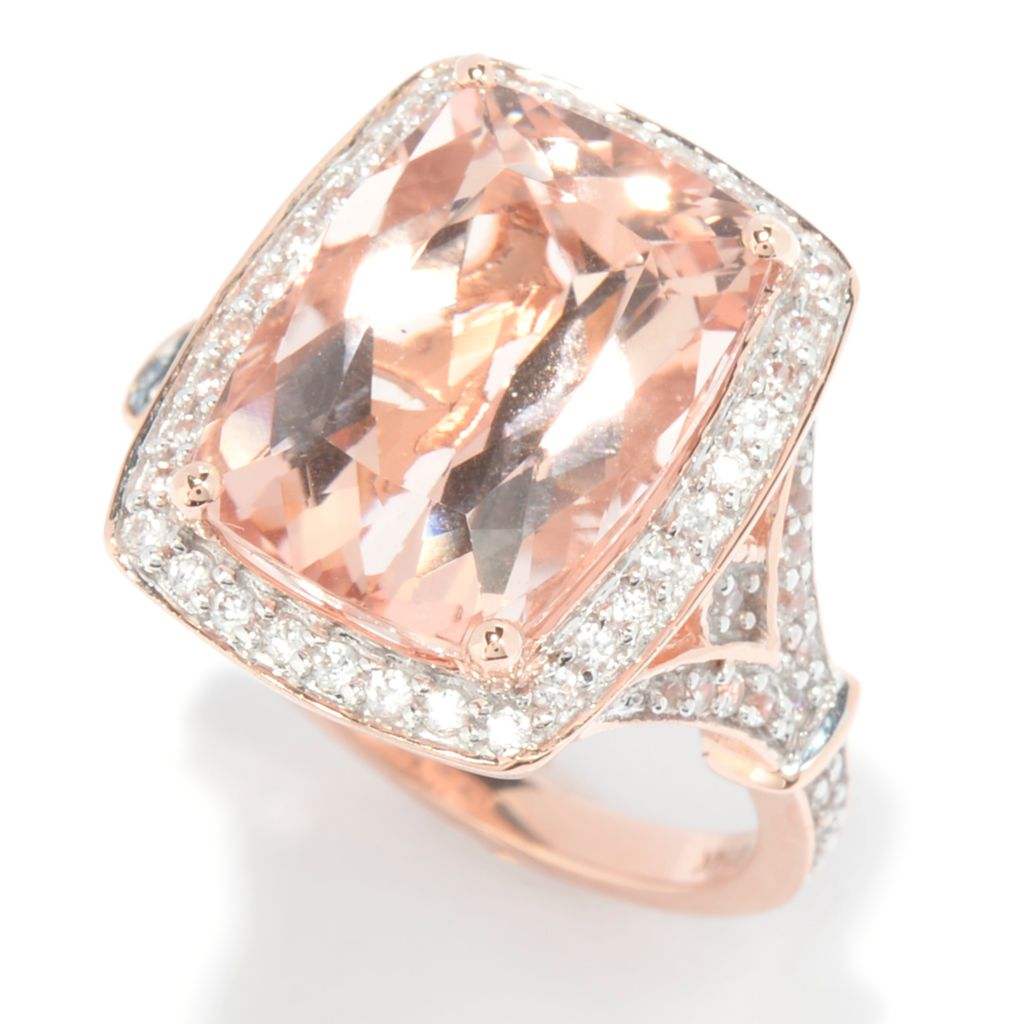 148-576- Gem Treasures® 14K Rose Gold 9.76ctw Morganite & White Zircon Halo Ring