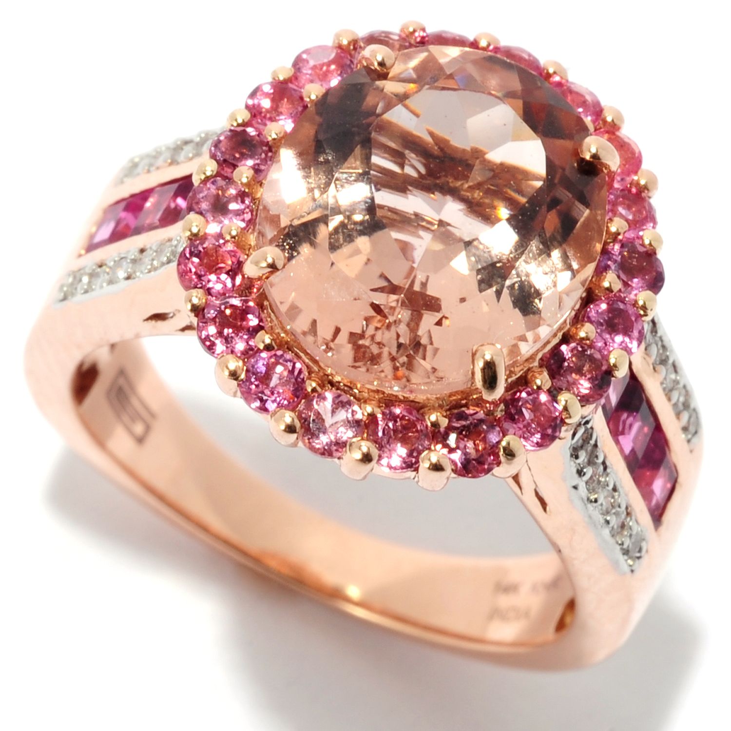 149-704- Gems of Distinction™ 14K Rose Gold 4.48ctw Morganite Pink Tourmaline & Diamond Halo Ring