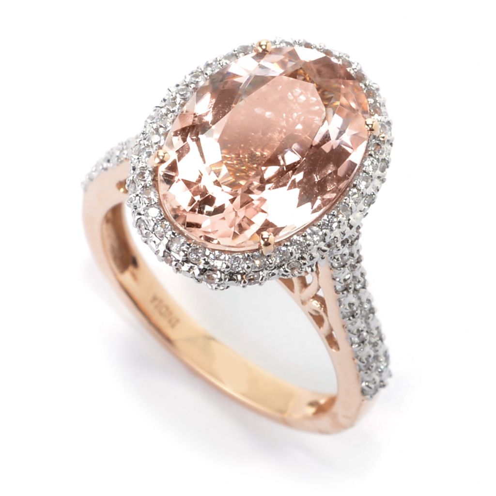 155-960- Gem Treasures® 14K Rose Gold 4.82ctw Morganite & White Zircon Halo Ring