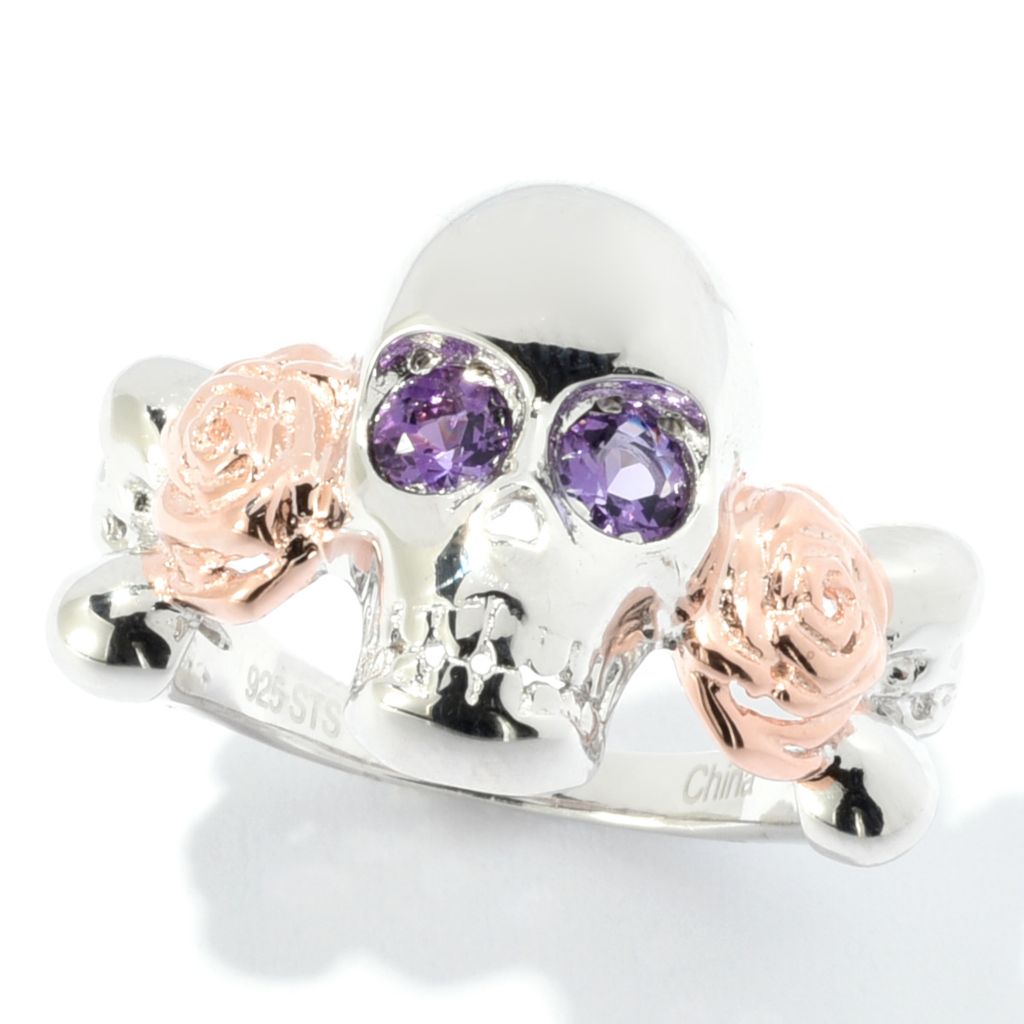 169-725- Gem Treasures® Two-tone Gemstone Skull & Rose Ring