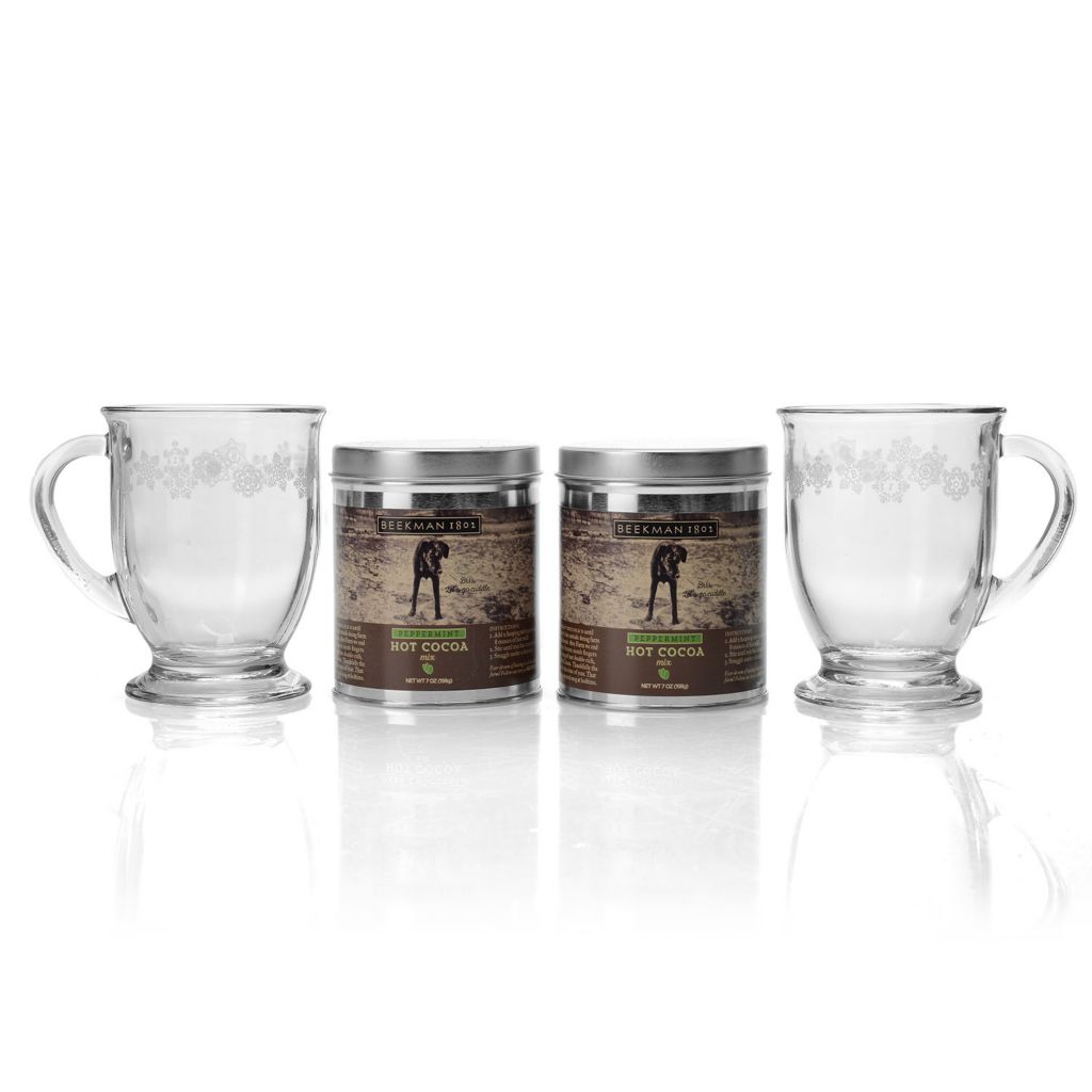 470-086- Beekman 1802 Choice of 2 (7 oz) Tins of Hot Cocoa w/ 2 (16 oz) Glass Cafe Mugs