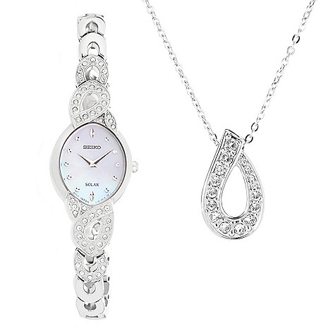 649-214- Seiko Women's Solar Quartz Bracelet Watch & Pendant Made w/ Swarovski Crystals