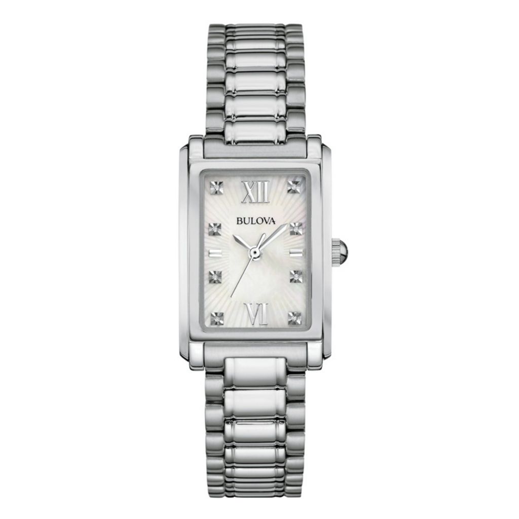 Bulova Women s 26mm Rectangular Classic Quartz Diamond Accented Mother of Pearl Bracelet Watch on sale at shophq 675 227