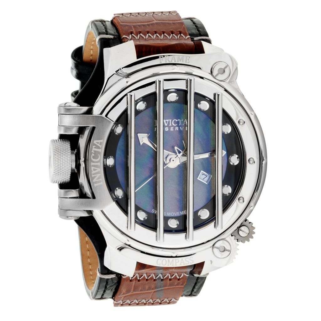 Invicta Reserve Men s 52mm Russian Diver Compass Swiss Quartz Mother of Pearl Leather Strap Watch on sale at shophq 676 866