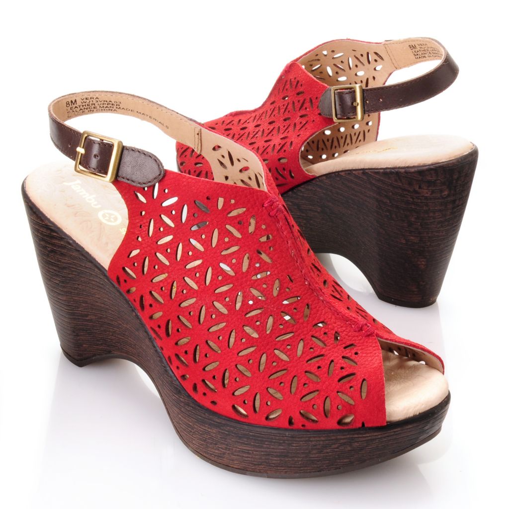 ... Jambu Leather ''Vera'' Laser Cut Floral Pattern Peep Toe Wedge Sandals