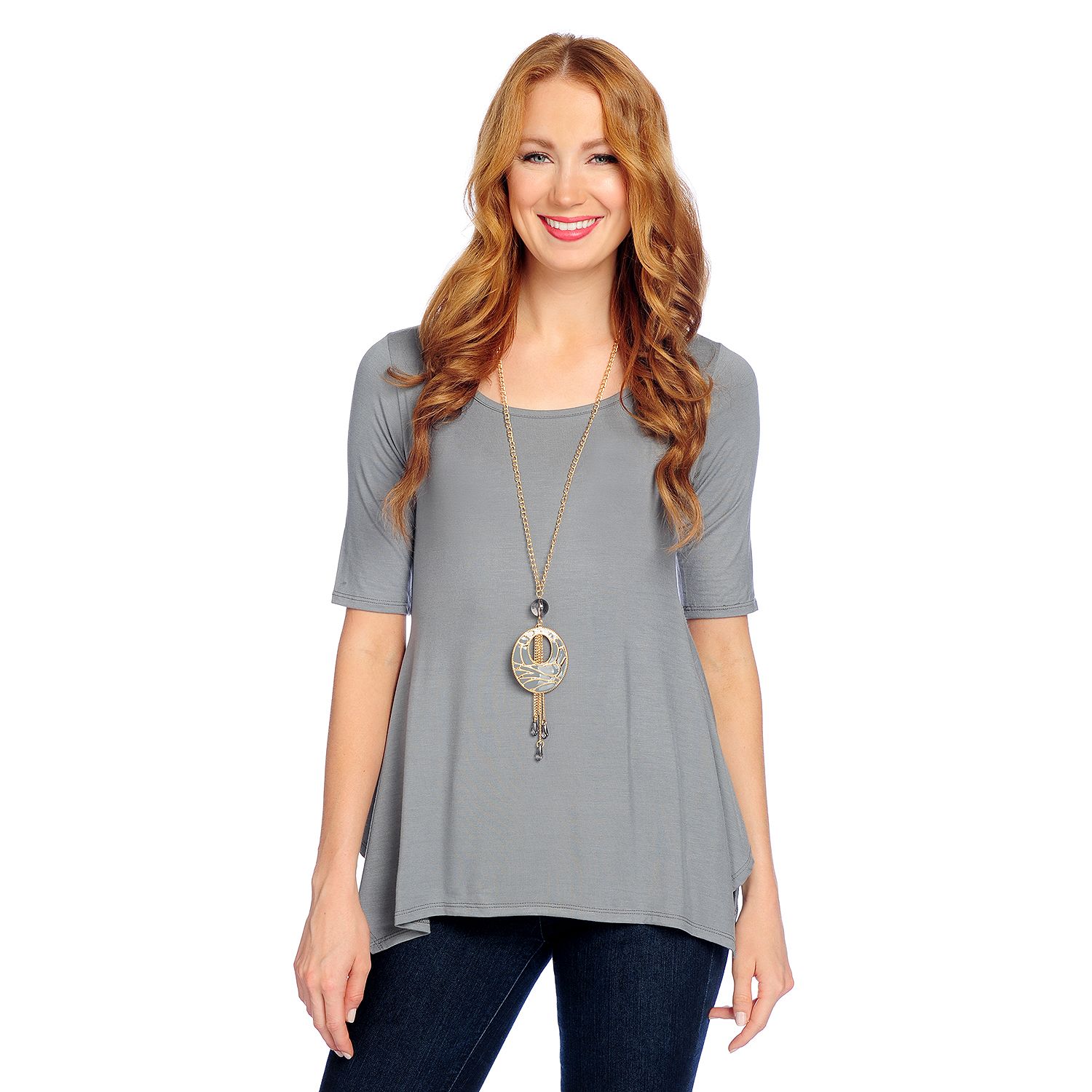 717-474- Glitterscape® Stretch Knit Elbow Sleeve Sharkbite Hem Top w/ Necklace
