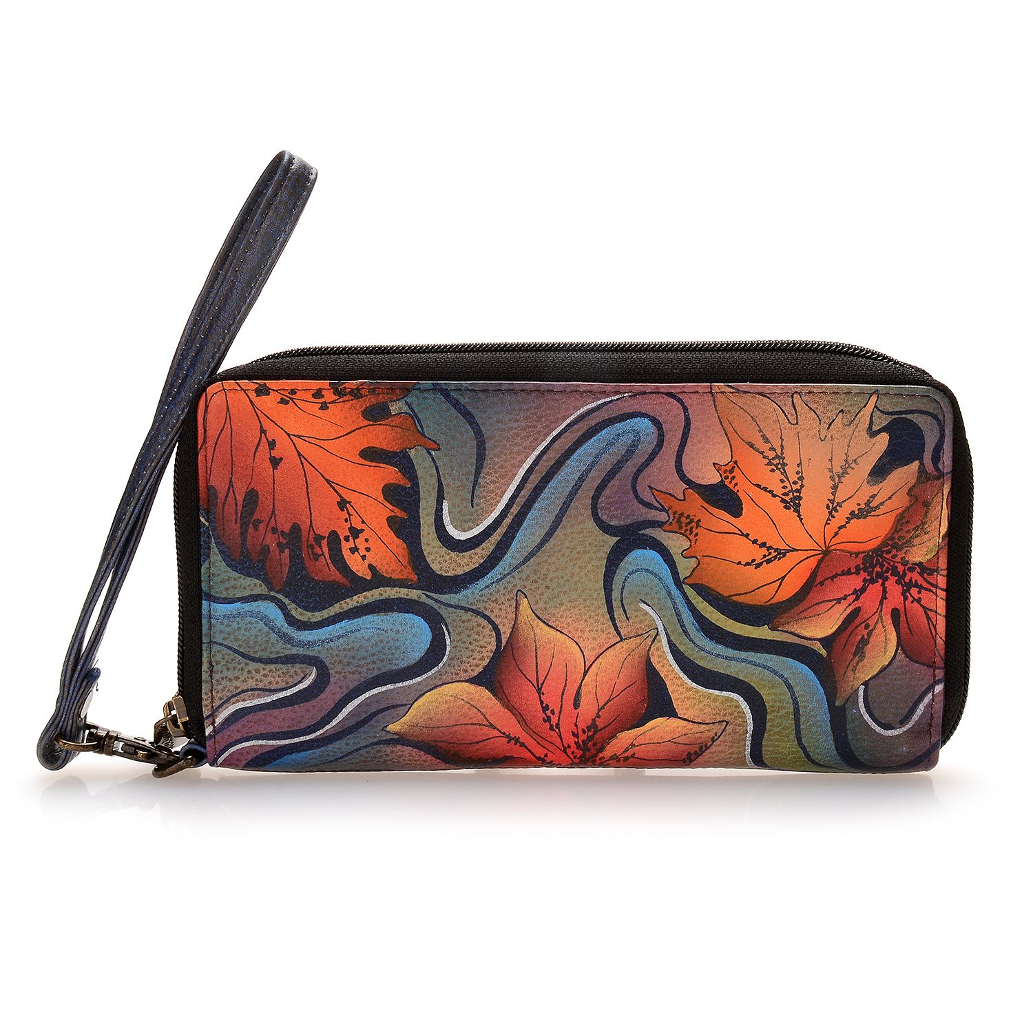 721-927- Anuschka Hand-Painted Leather Zip Around Wallet w/ Removable Strap