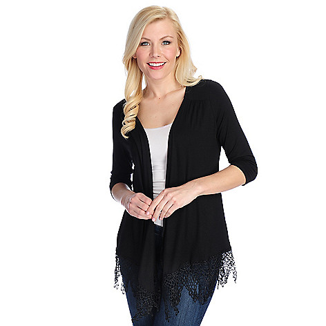 721-966- Kate & Mallory® Knit 3/4 Sleeved Lace Trimmed Open Cardigan