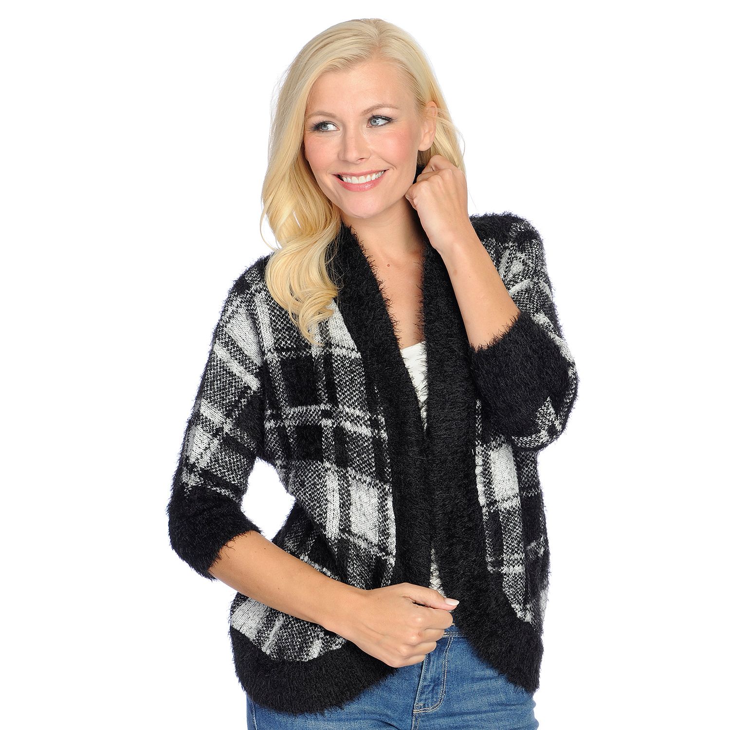 723-798- OSO Casuals® Knit Plaid 3/4 Dolman Sleeve Open Front Cocoon Cardigan