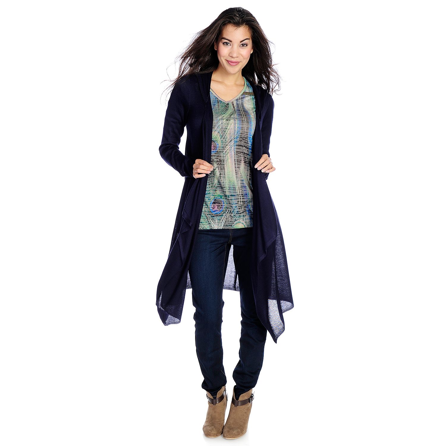 724-322- One World Solid or Patterned Fine Gauge Knit Cascade Front Hooded Cardigan