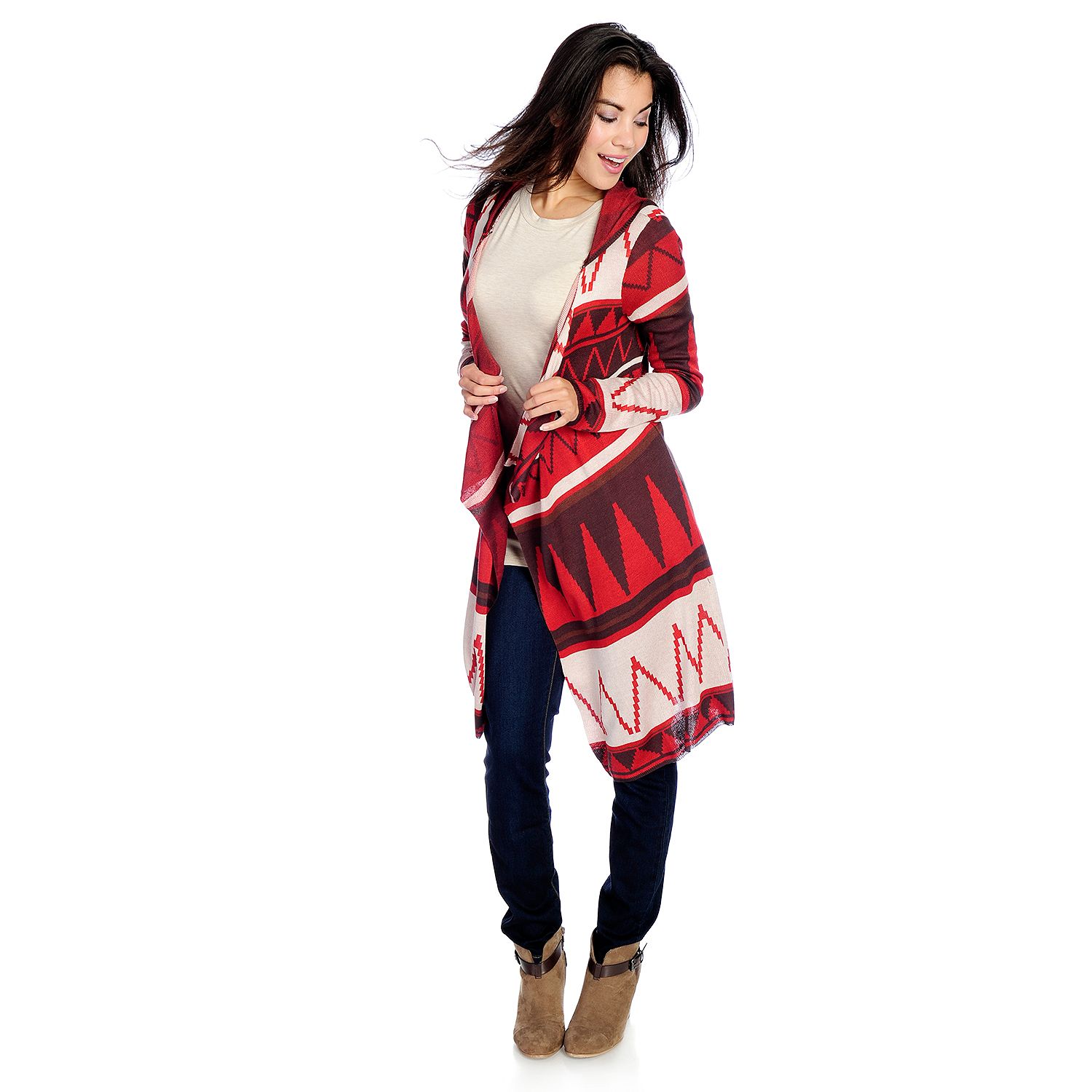 724-322- One World Solid or Patterned Fine Gauge Knit Cascade Front Hooded Cardigan