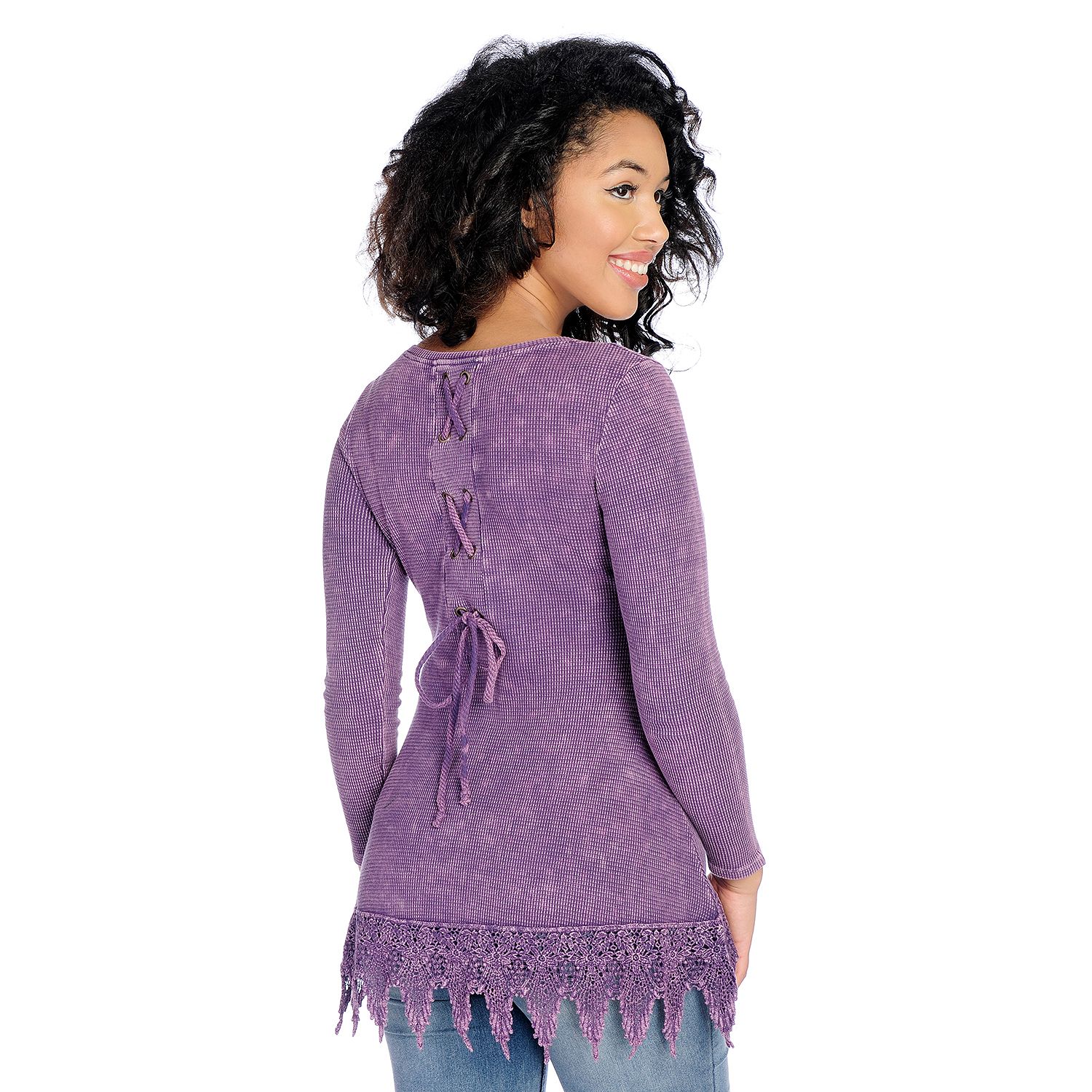 725-397- Indigo Thread Co.™ Thermal Knit Mineral Washed Long Sleeve Lace-up Back Top