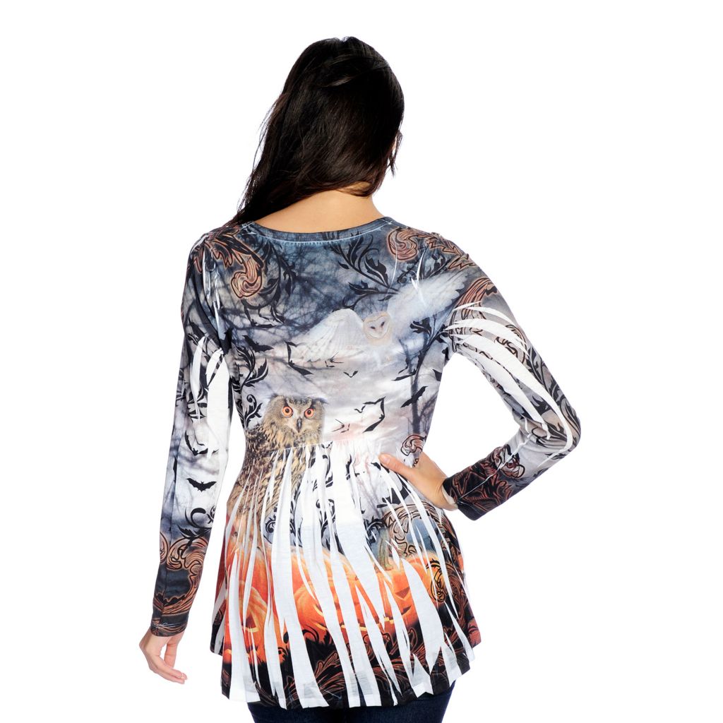 725-483- One World Printed Knit Long Sleeved Embellished Hi-Lo Top
