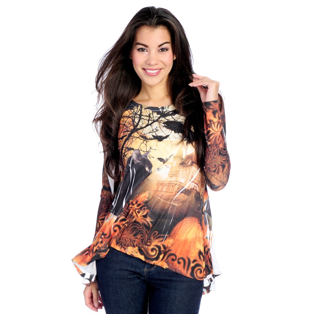 725-483- One World Printed Knit Long Sleeved Embellished Hi-Lo Top