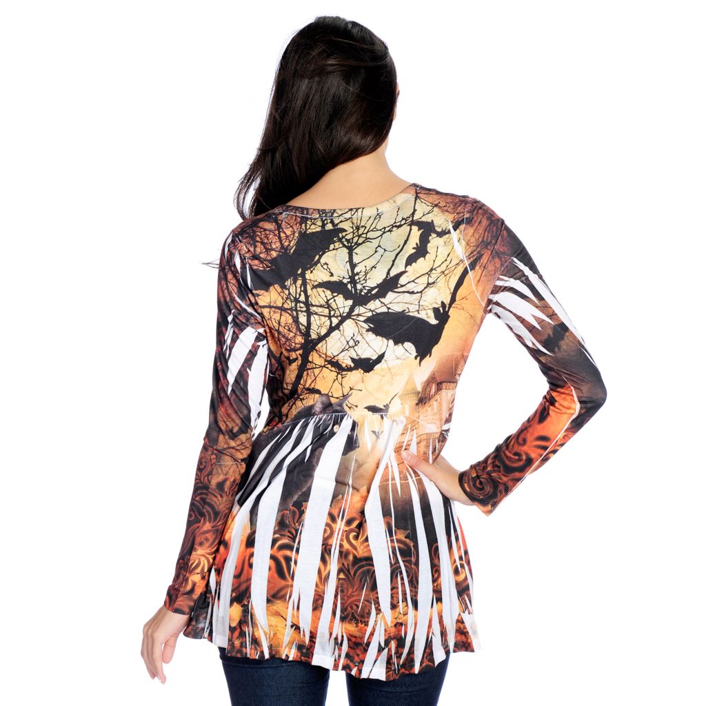 725-483- One World Printed Knit Long Sleeved Embellished Hi-Lo Top