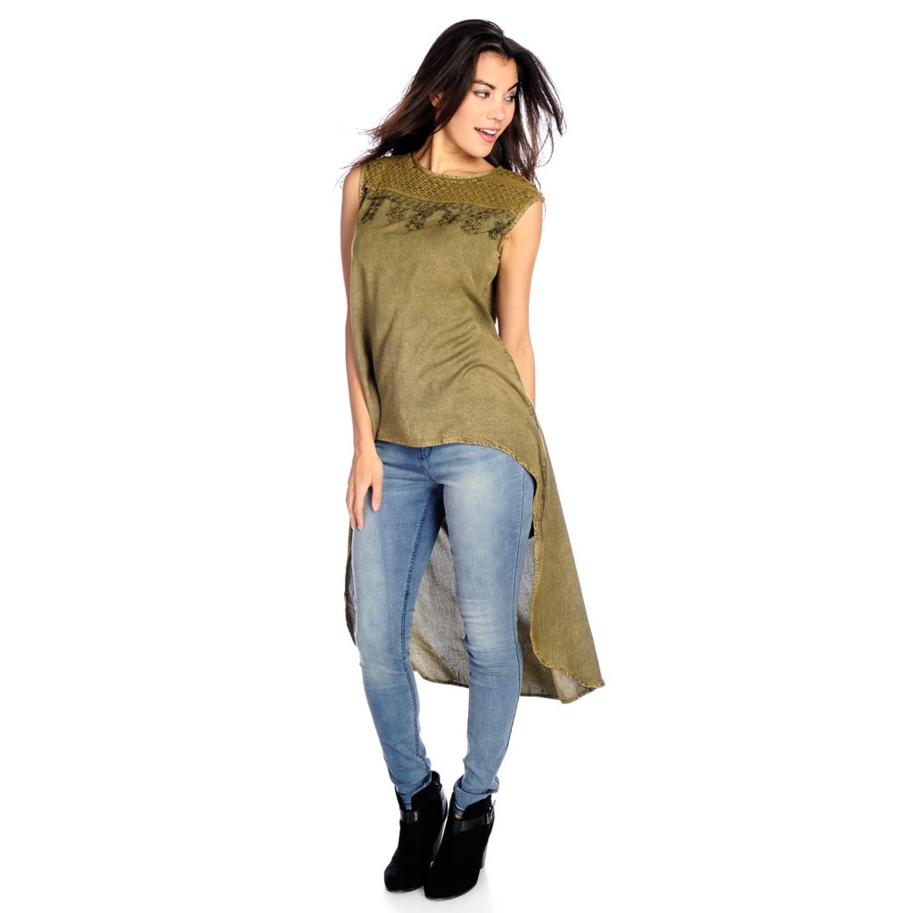 725-964- Indigo Thread Co.™ Woven Sleeveless Crochet Detailed Hi-Lo Top