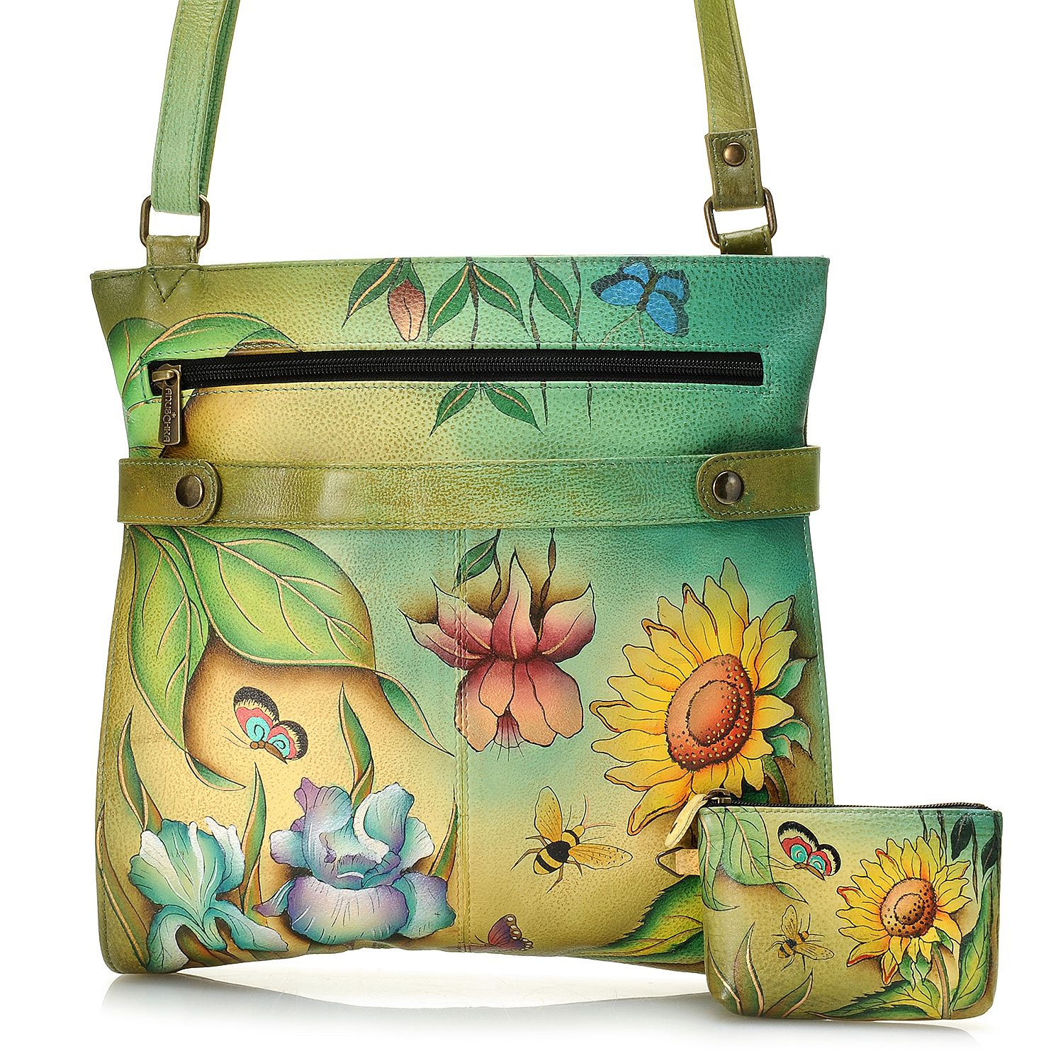 726-335- Anuschka Hand-Painted Leather Zip Top Multi Compartment Crossbody Bag