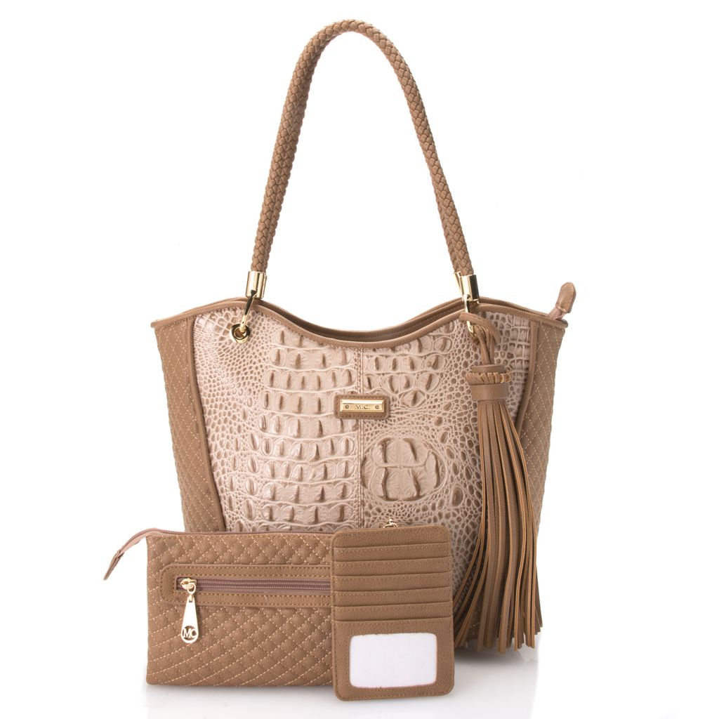 726-448- Madi Claire Three-Piece "Devon" Croco Embossed Leather Tote Bag w/ Wristlet & Card Holder Set