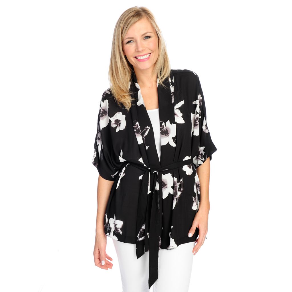 726-708- Marc Bouwer Printed Woven Elbow Sleeved Removable Self-Tie Open Front Kimon