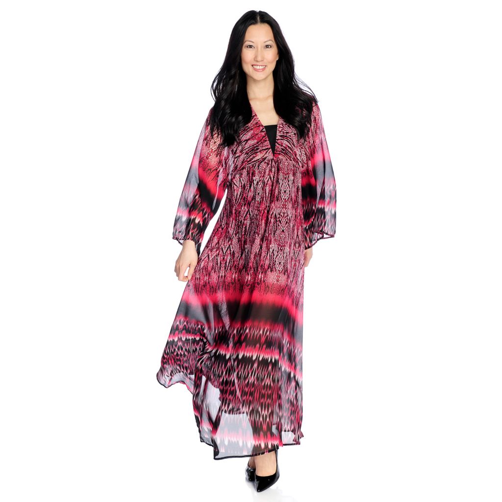 726-711- Marc Bouwer Printed Woven Kimono Sleeve Gathered Waist Sheer Maxi Dress