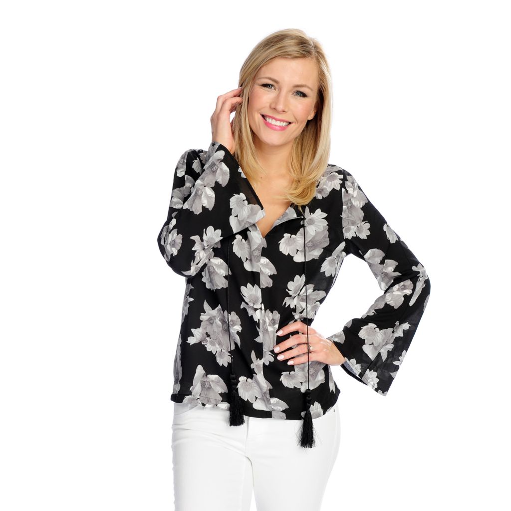 726-716- Marc Bouwer Printed Woven Long Flared Sleeve Self-Tie Tassel Sheer Top