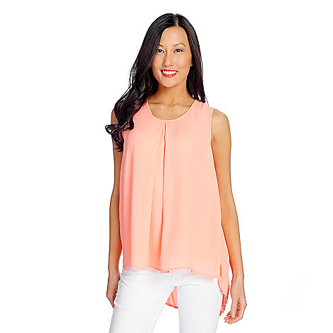 726-795- Marc Bouwer Woven Pleated Round Neck Hi-Lo Tank Top