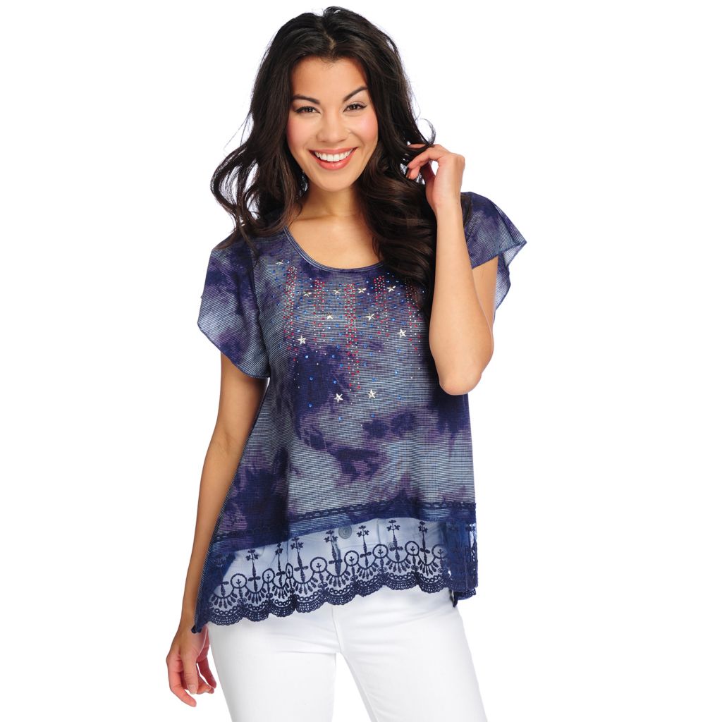 727-917- One World Printed Knit Flutter Sleeve Embellished Lace Trim Top