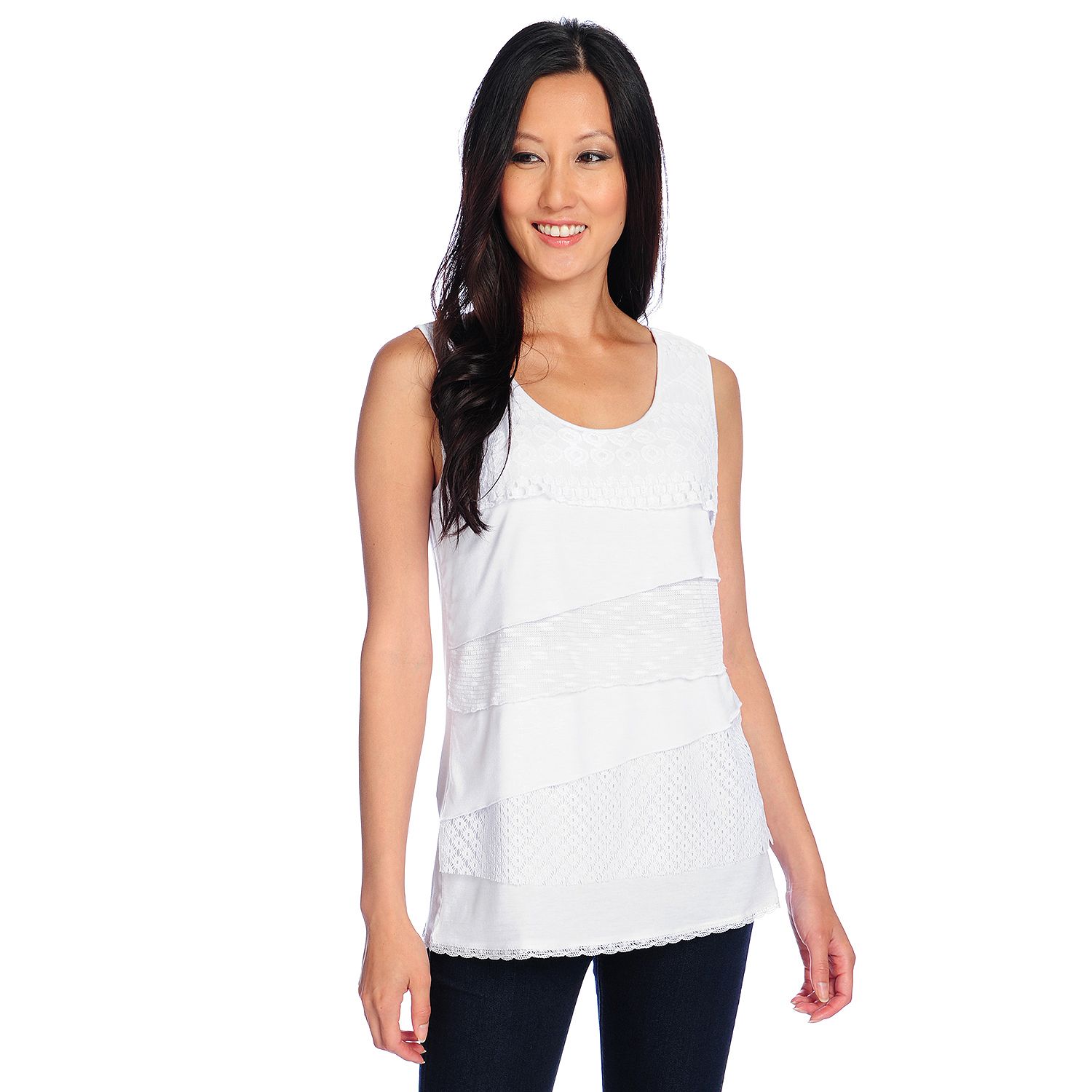 727-954- One World Mixed Media Scoop Neck Lace Detailed Tiered Tank Top