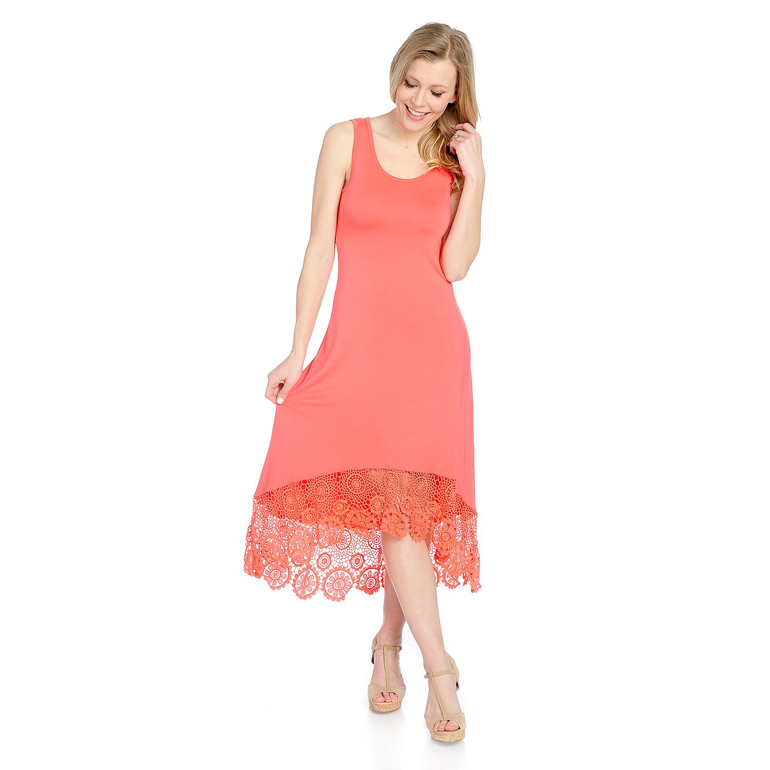 728-091- Kate & Mallory® Stretch Knit Sleeveless Lace Detailed Hi-Lo Maxi Dress