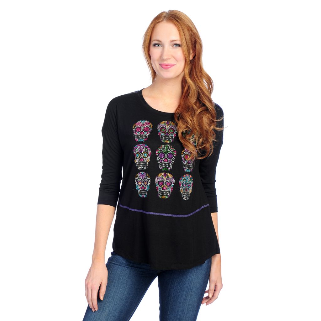 728-672- One World Stretch Knit 3/4 Sleeved Drop Shoulder Embellished Top
