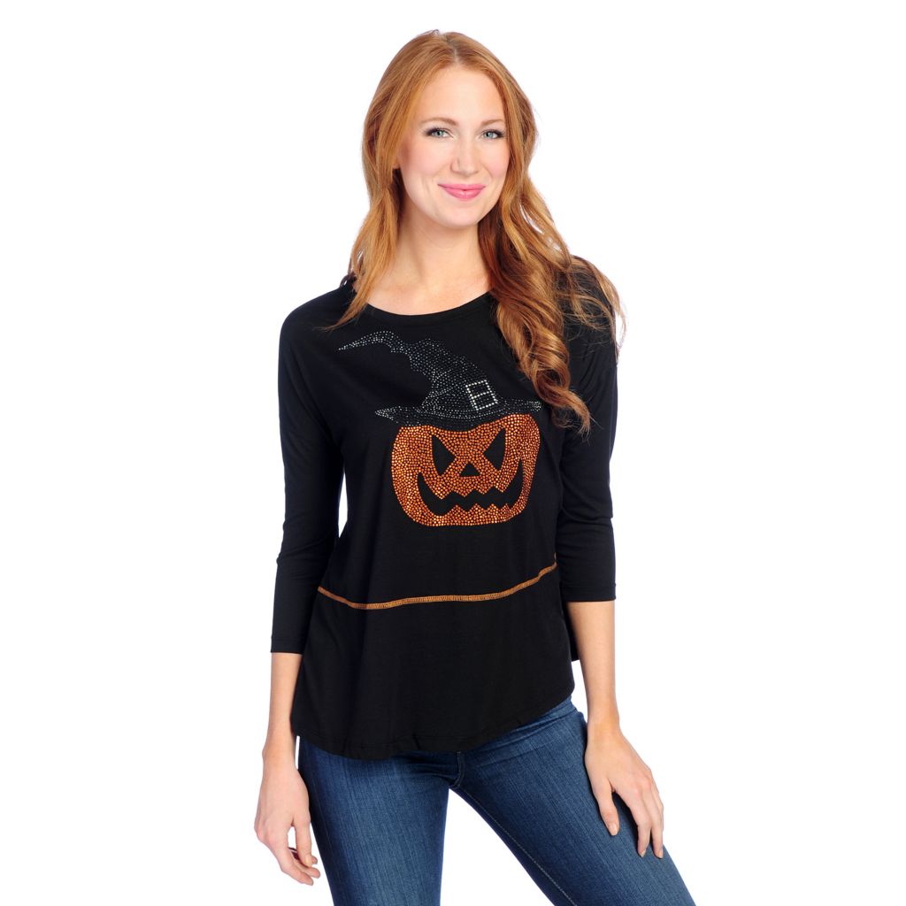 728-672- One World Stretch Knit 3/4 Sleeved Drop Shoulder Embellished Top