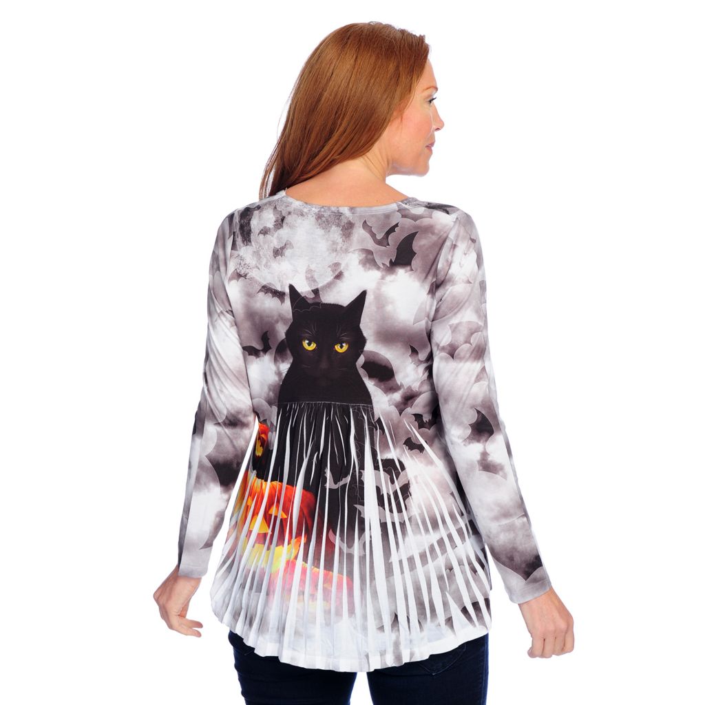 728-673- One World Printed Knit Long Sleeve Gathered Back Hi-Lo Top