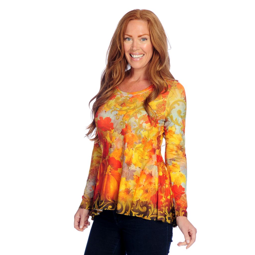 728-673- One World Printed Knit Long Sleeve Gathered Back Hi-Lo Top