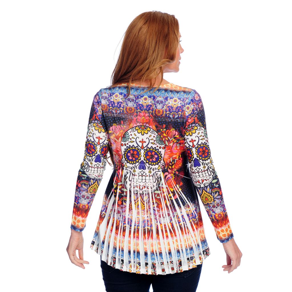 728-673- One World Printed Knit Long Sleeve Gathered Back Hi-Lo Top