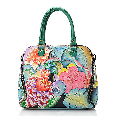 728-717- Anuschka Hand-Painted Leather Zip Around Organizer Satchel w/ Removable Strap