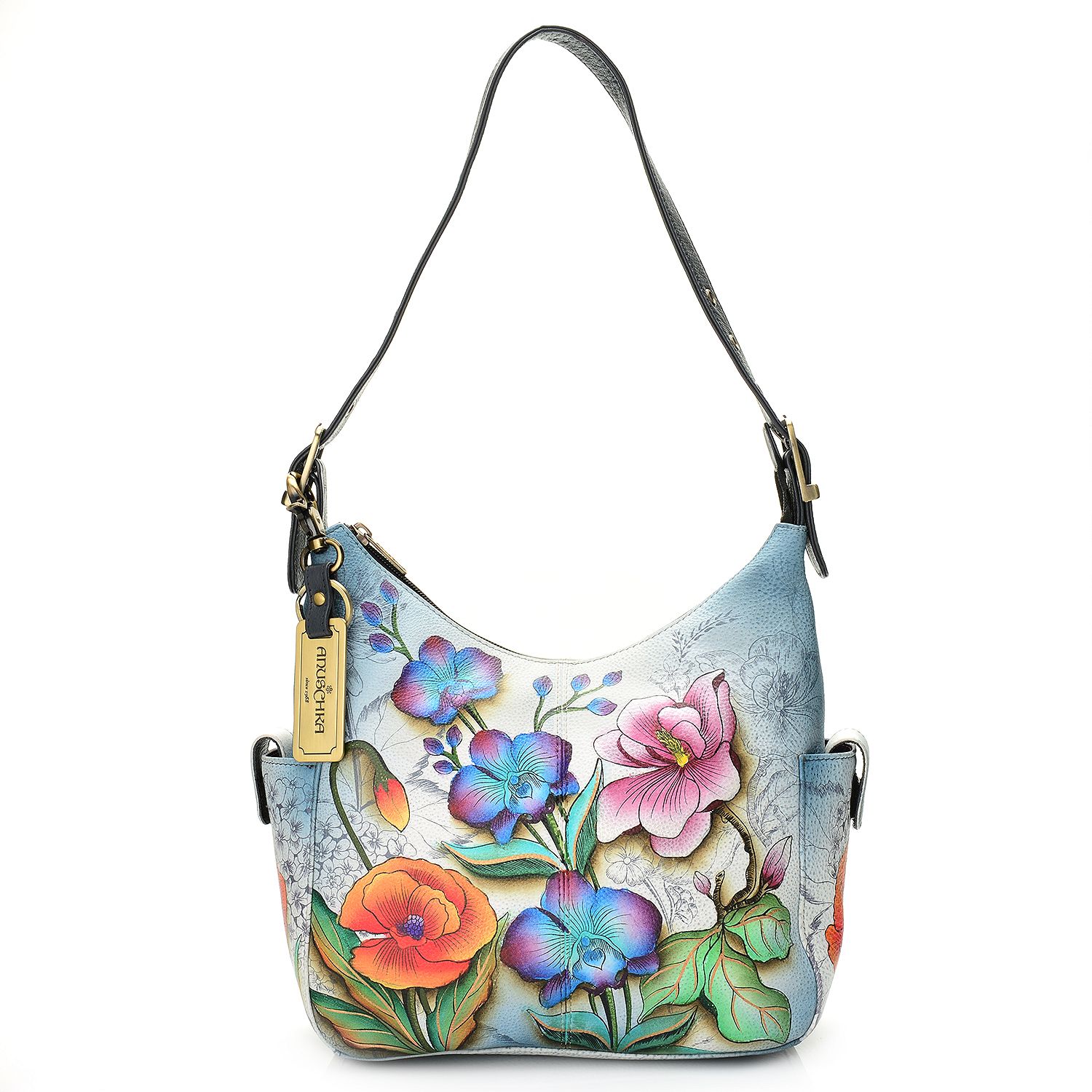 728-798- Anuschka Hand-Painted Leather Zip Top Dual Side Pocket Hobo Handbag
