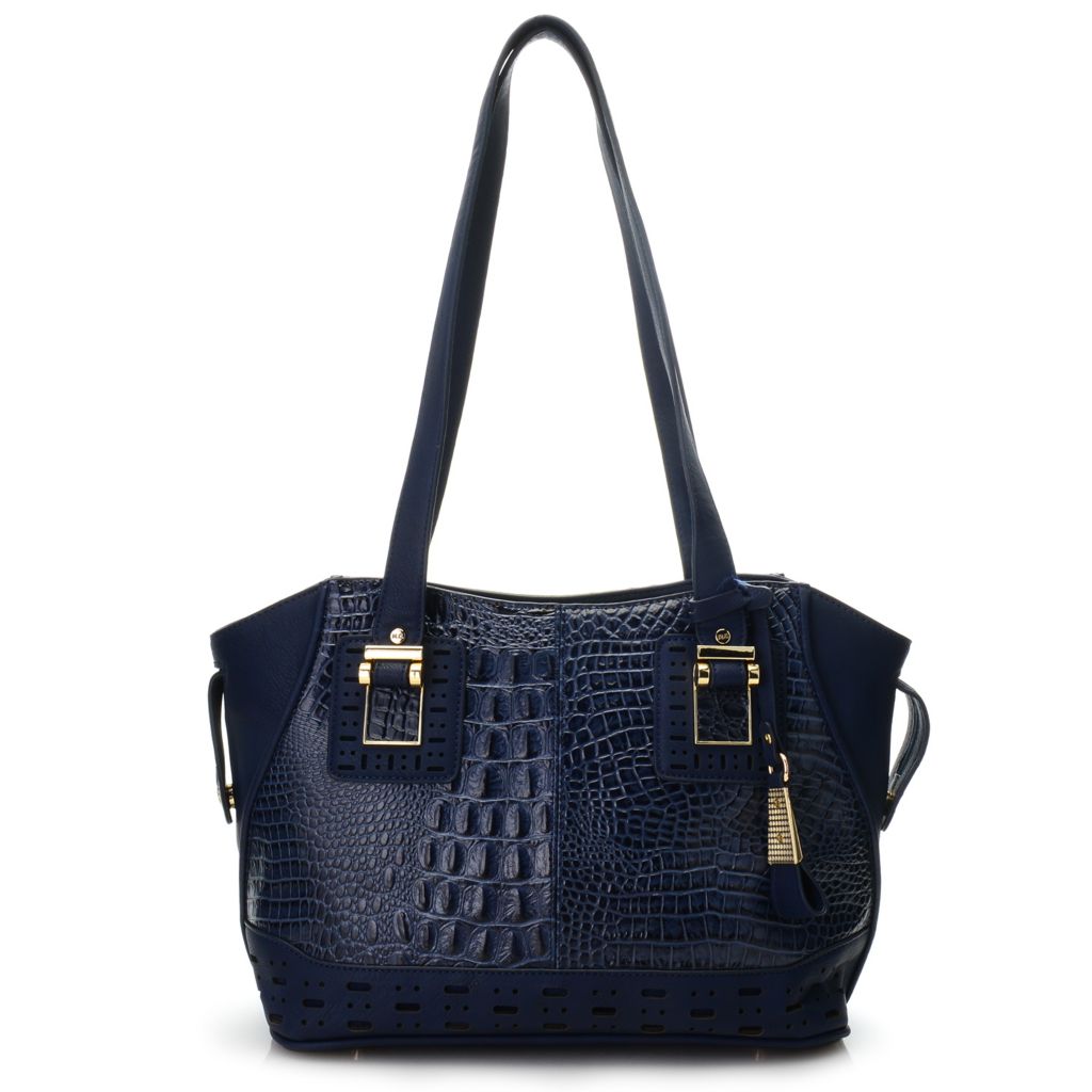 728-825- Madi Claire "Sage" Croco Embossed Leather Zip Top Laser Cut Shopper Handbag