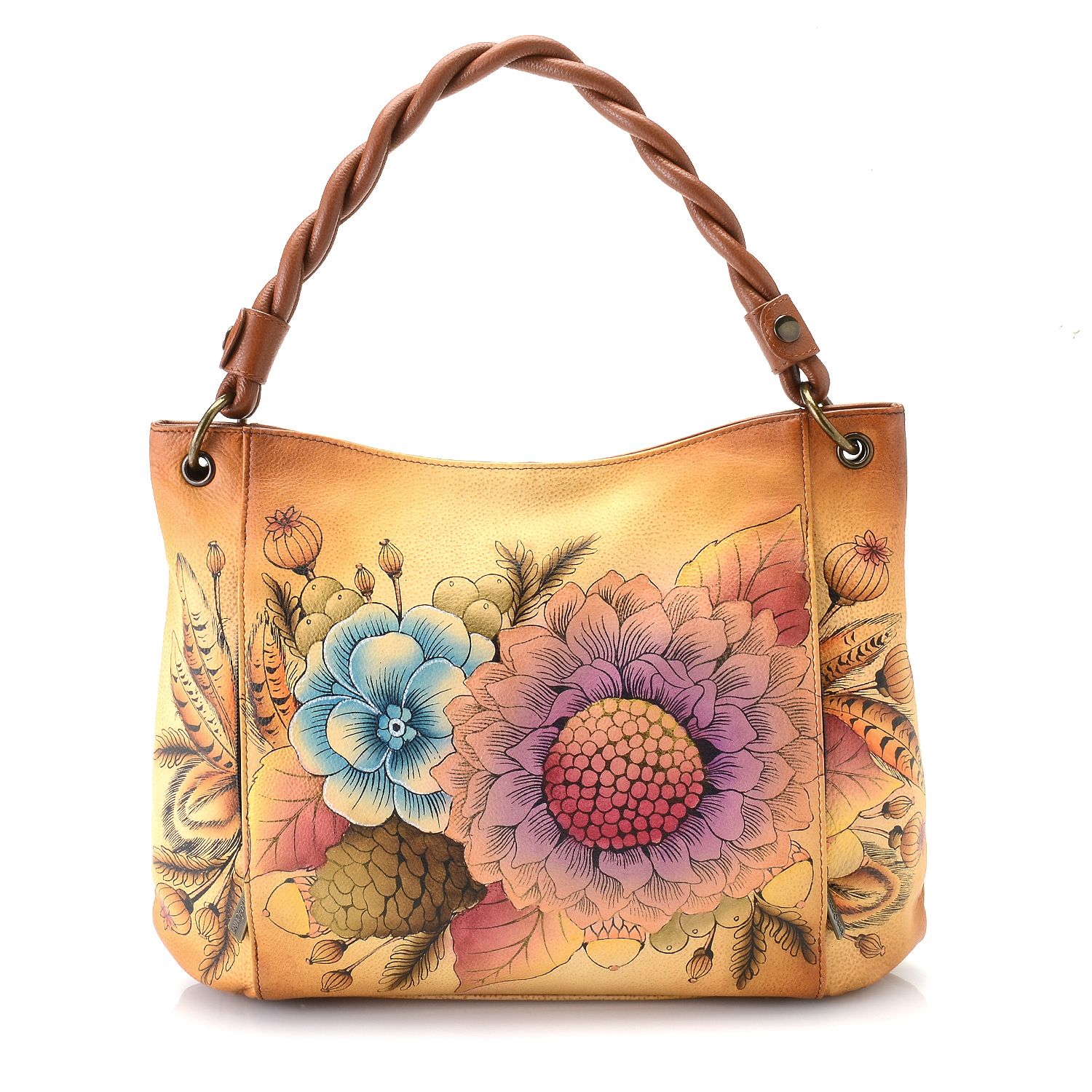 729-343- Anuschka Hand-Painted Leather Twisted Handle Convertible Hobo Handbag