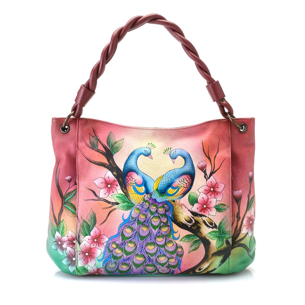 729-343- Anuschka Hand-Painted Leather Twisted Handle Convertible Hobo Handbag