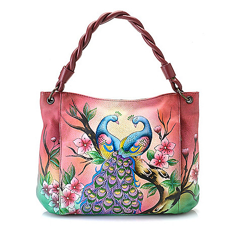 729-343- Anuschka Hand-Painted Leather Twisted Handle Convertible Hobo Handbag