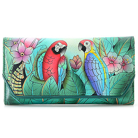 729-561- Anuschka Hand-Painted Leather RFID Blocking Tri-Fold Wallet w/ Removable Checkbook Holder