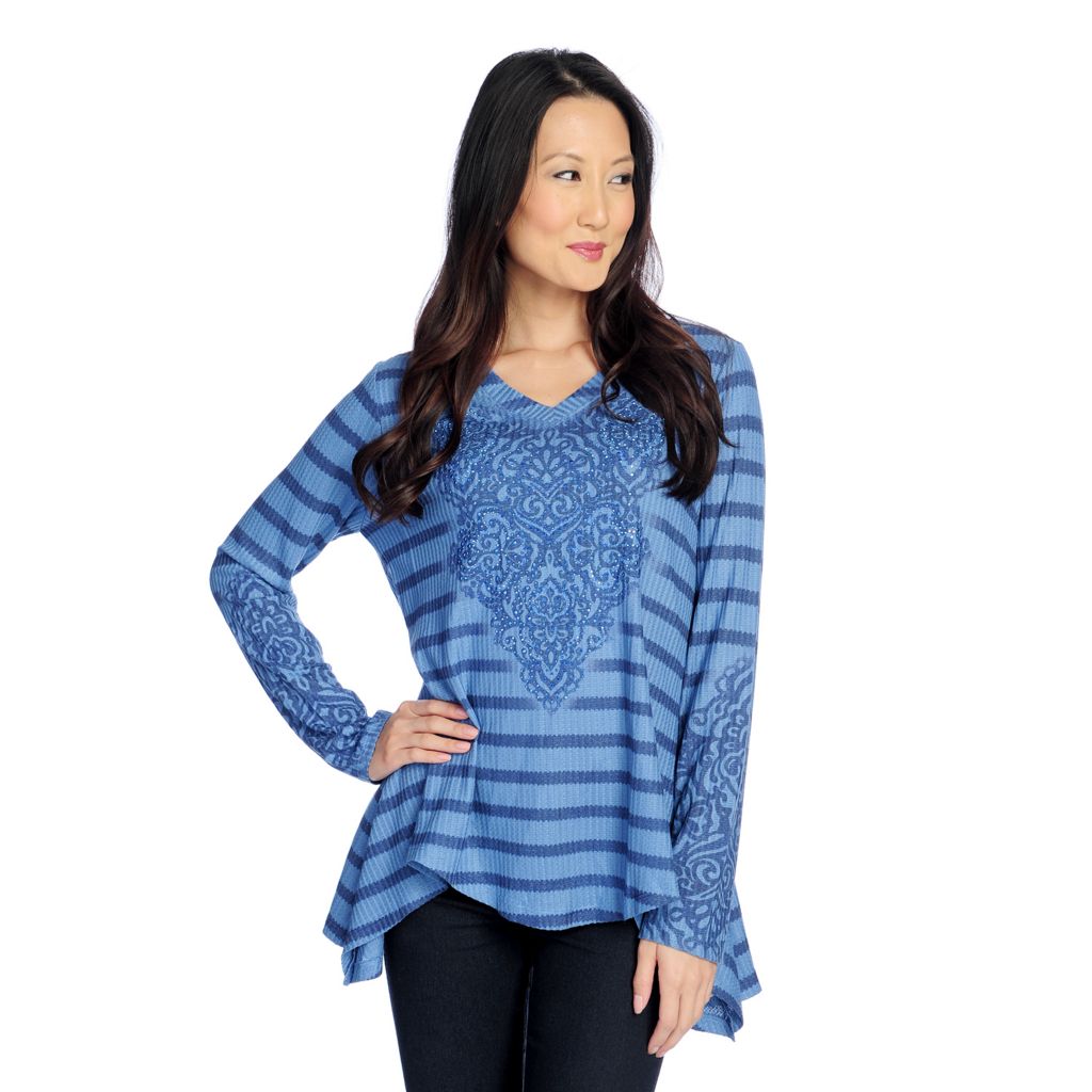 729-578- One World Printed Thermal Knit Long Sleeve Embellished Top