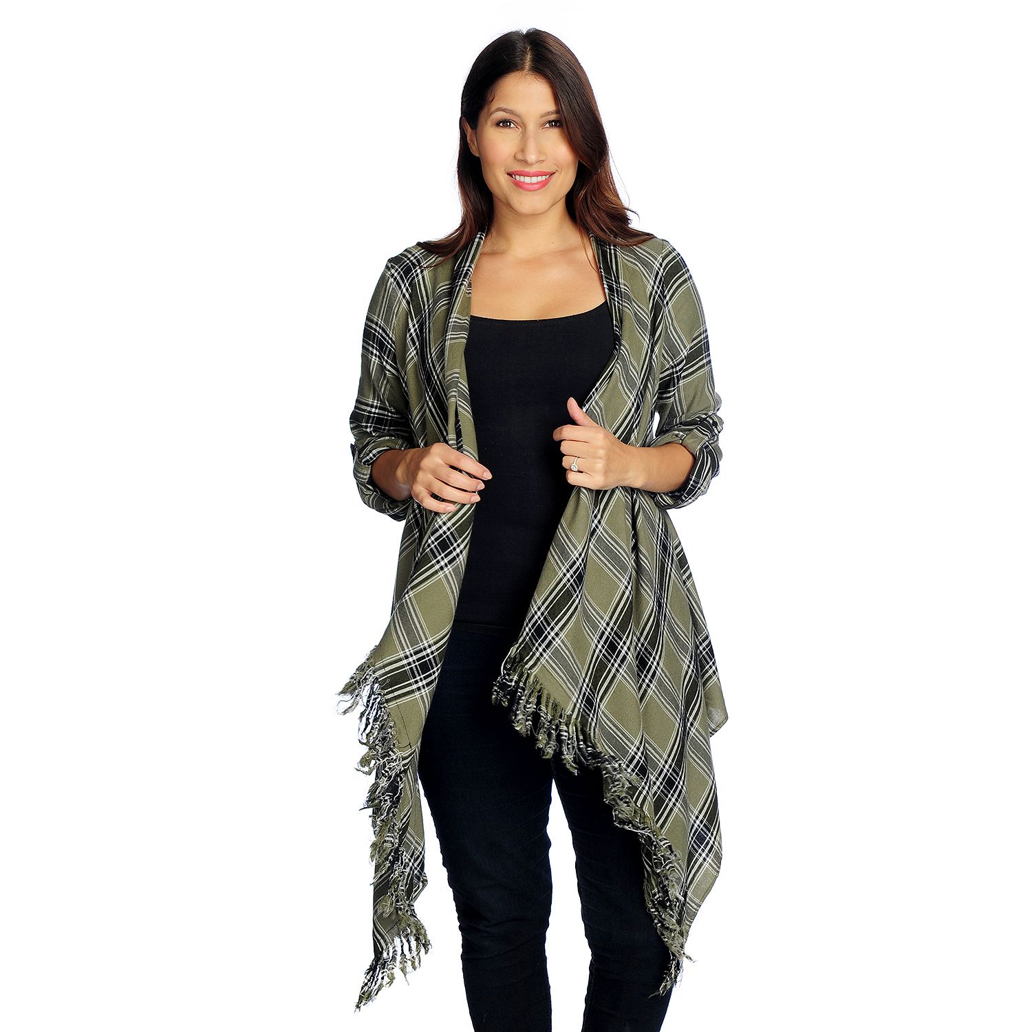 729-671- Indigo Thread Co.™ Woven Plaid Roll Tab Sleeved Open Front Topper Cardigan