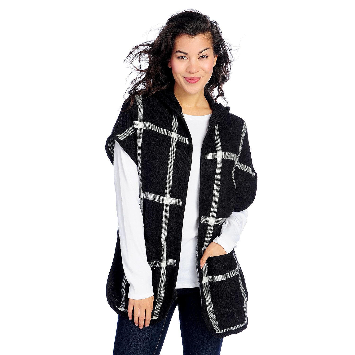 729-773- OSO Casuals® Knit Plaid Extended Shoulder Two-Pocket Hooded Cardigan