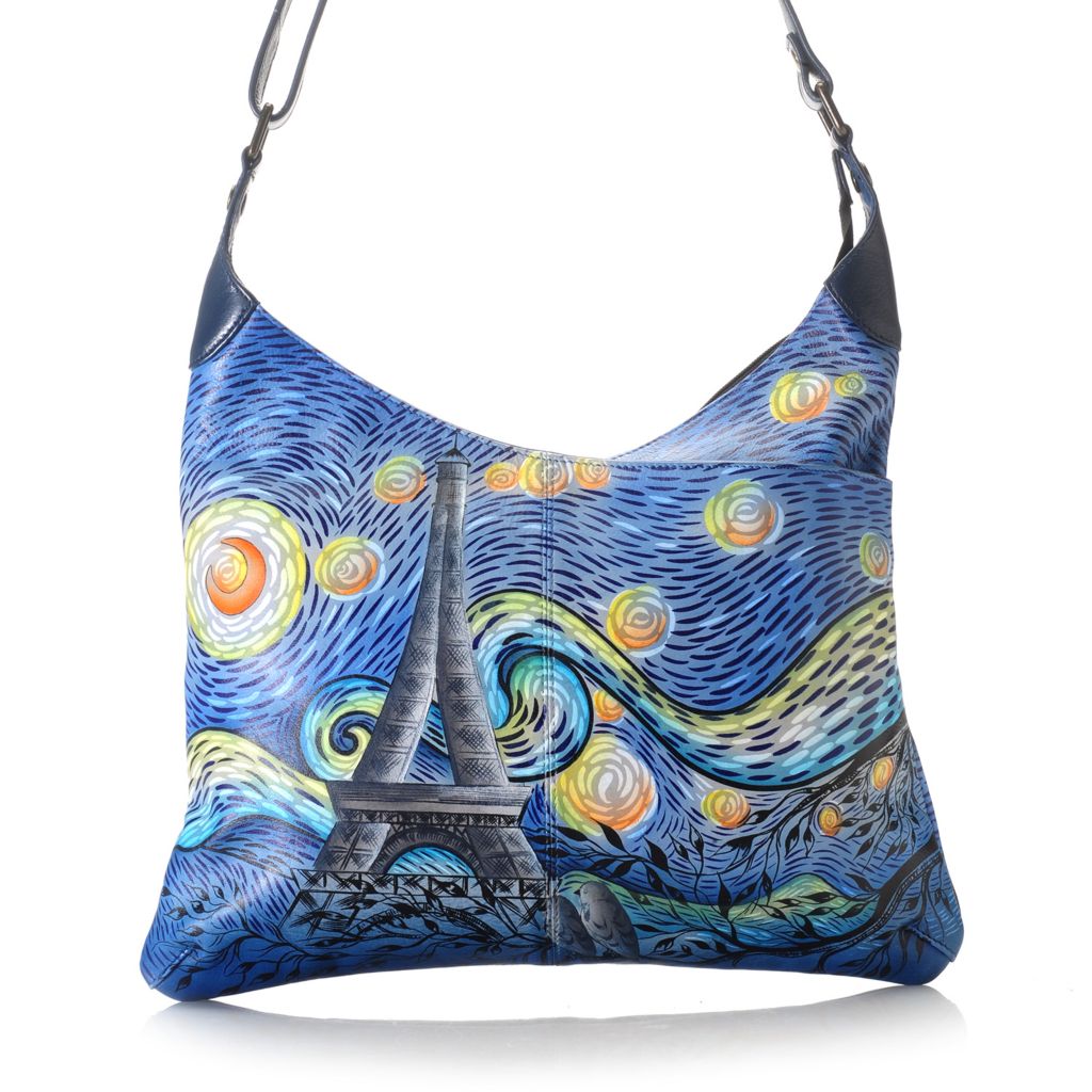 729-808- Anuschka Hand-Painted Leather Zip Top Triple Compartment Crossbody Bag