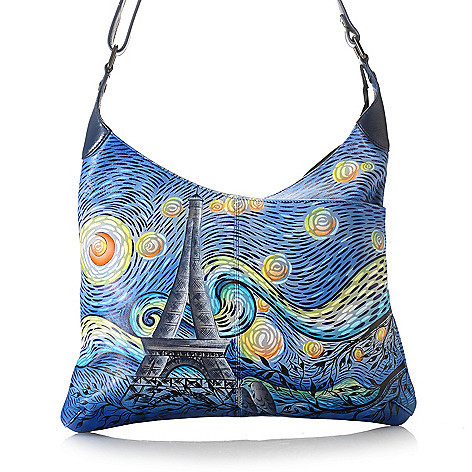 729-808- Anuschka Hand-Painted Leather Zip Top Triple Compartment Crossbody Bag