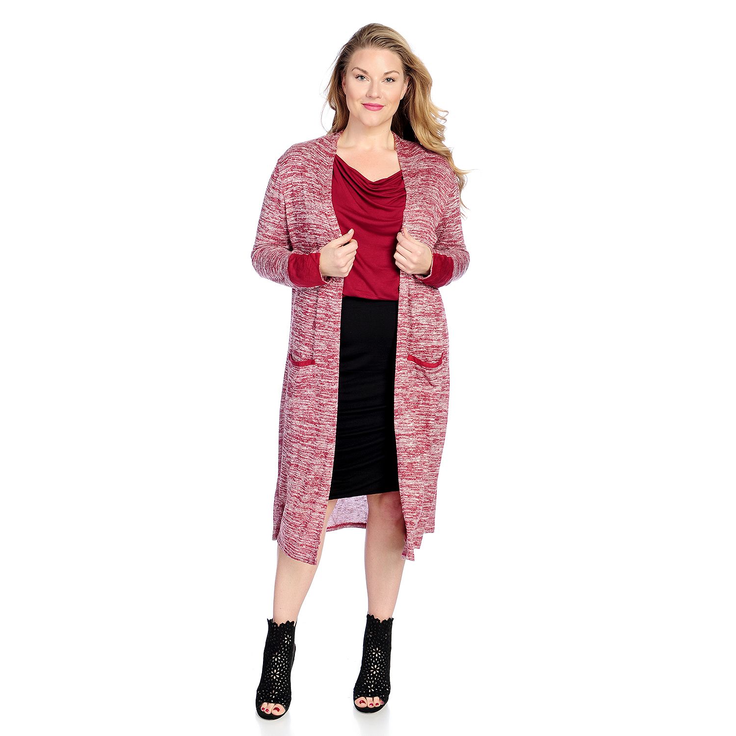 729-989- V. by Vanessa Williams Sweater Knit Long Sleeve Faux Suede Trim Open Front Duster