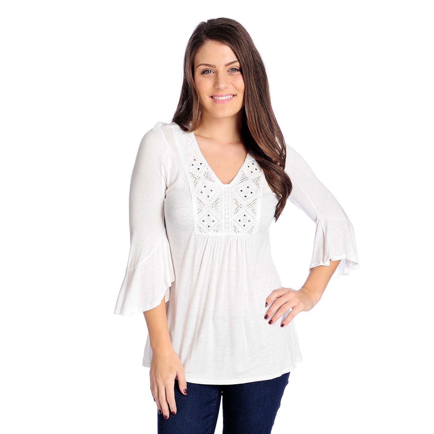 730-473- One World Stretch Knit 3/4 Bell Sleeve Stud Embellished Crocheted Trim Top