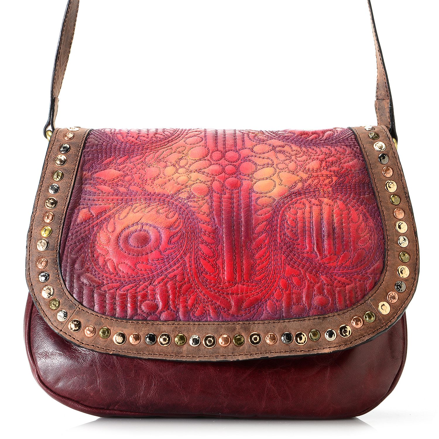 732-109- Firenze Bella "Nora" Leather Quilted Front Flap Studded Crossbody Saddle Bag
