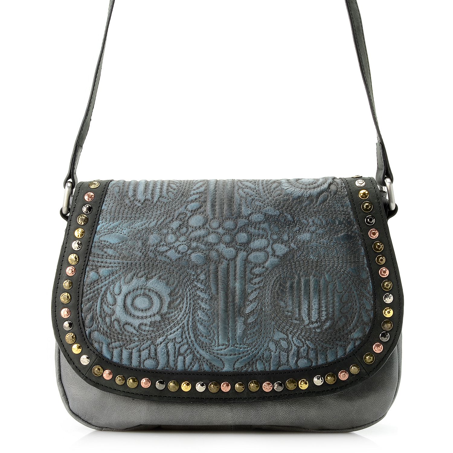 732-109- Firenze Bella "Nora" Leather Quilted Front Flap Studded Crossbody Saddle Bag